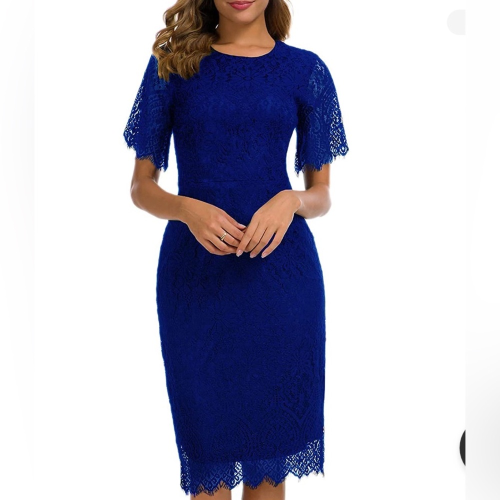 Merokeety Blue Lace Fitted Pencil Cocktail Dress, Size S NWT